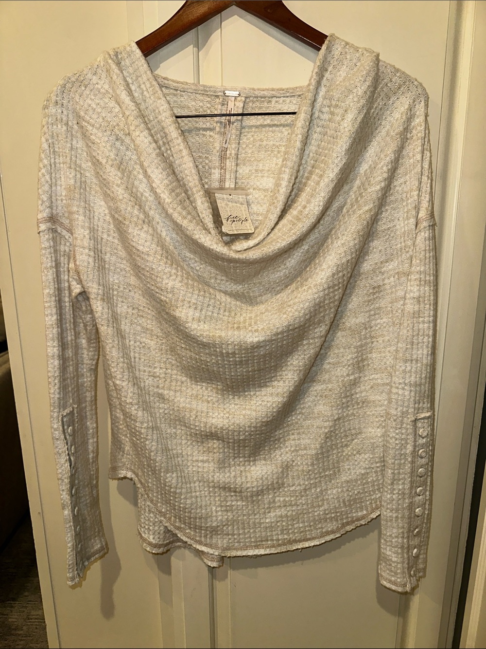 Free People Cream Cowl Neck Waffle Knit Sweater